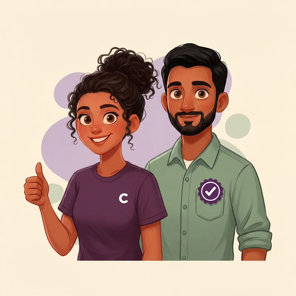 Comfortly character standing beside a Comfortly Verified contractor