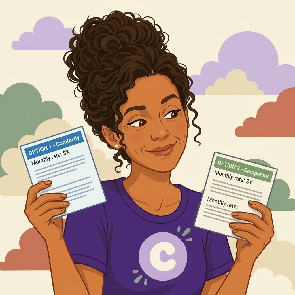 Maya holding up two quotes to compare them side by side